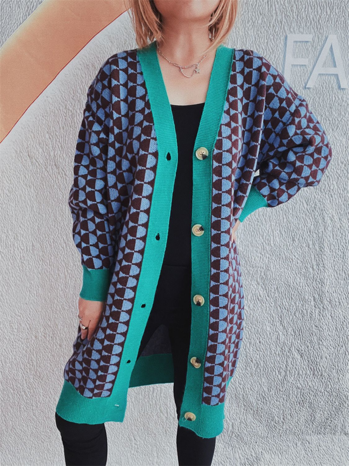 Contrast Trim Geometric Button Down Cardigan - Charming Charlie