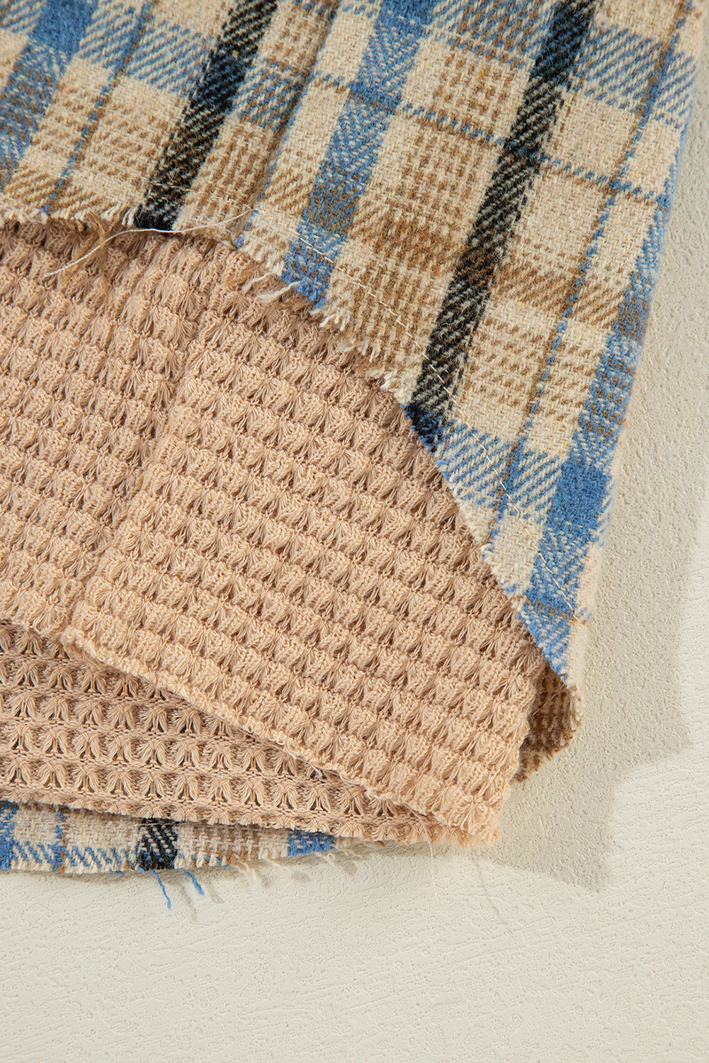 Drawstring Waffle Knit Patchwork Hooded Plaid Shacket - Charming Charlie