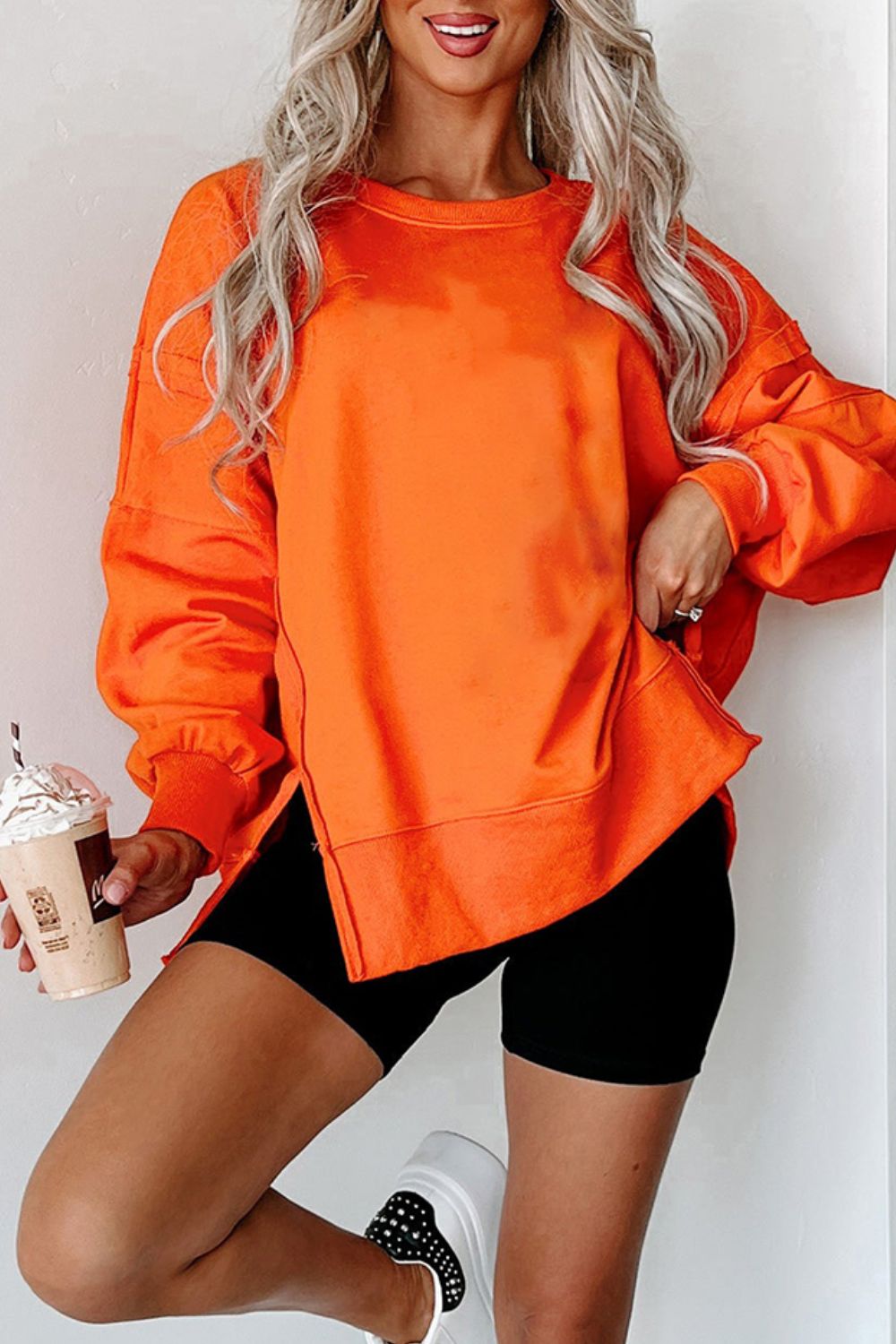 Side Slit Round Neck Long Sleeve Sweatshirt - Charming Charlie