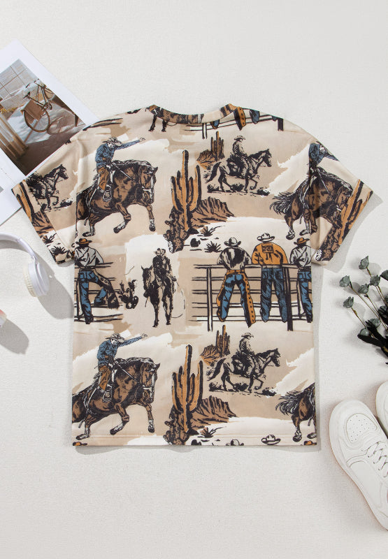 Cowboy Print Round Neck Short Sleeve T Shirt - Charming Charlie