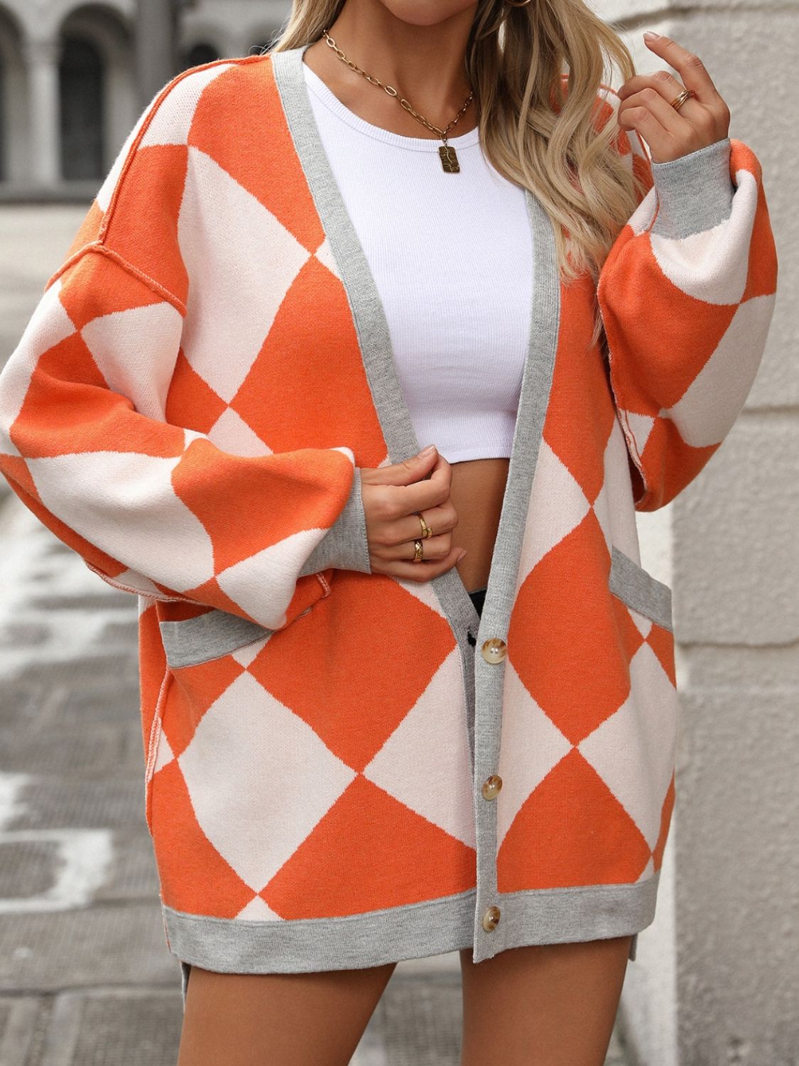 Checkered Dropped Shoulder Long Sleeve Cardigan - Charming Charlie