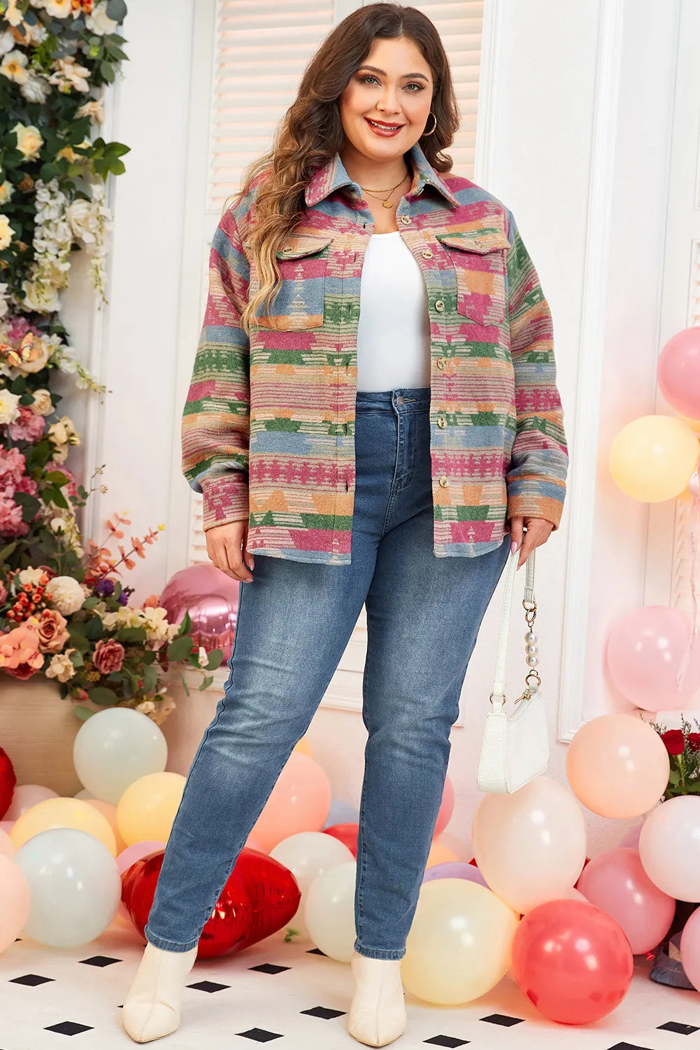 Plus Size Pocketed Printed Collared Neck Jacket - Charming Charlie