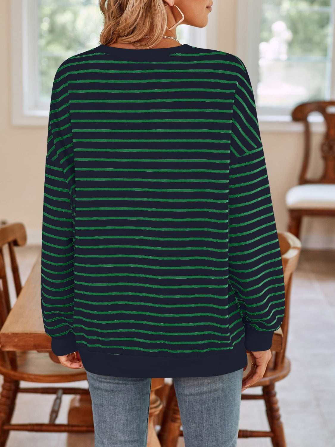 Striped Round Neck Long Sleeve Sweatshirt - Charming Charlie