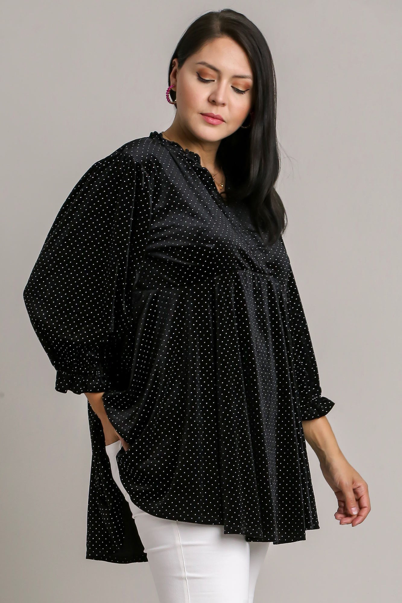 Umgee Full Size Beaded Frill Flounce Sleeve Velvet Babydoll Blouse - Charming Charlie