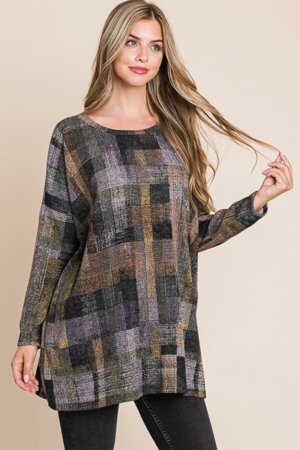 BOMBOM Plaid Round Neck Long Sleeve Top - Charming Charlie