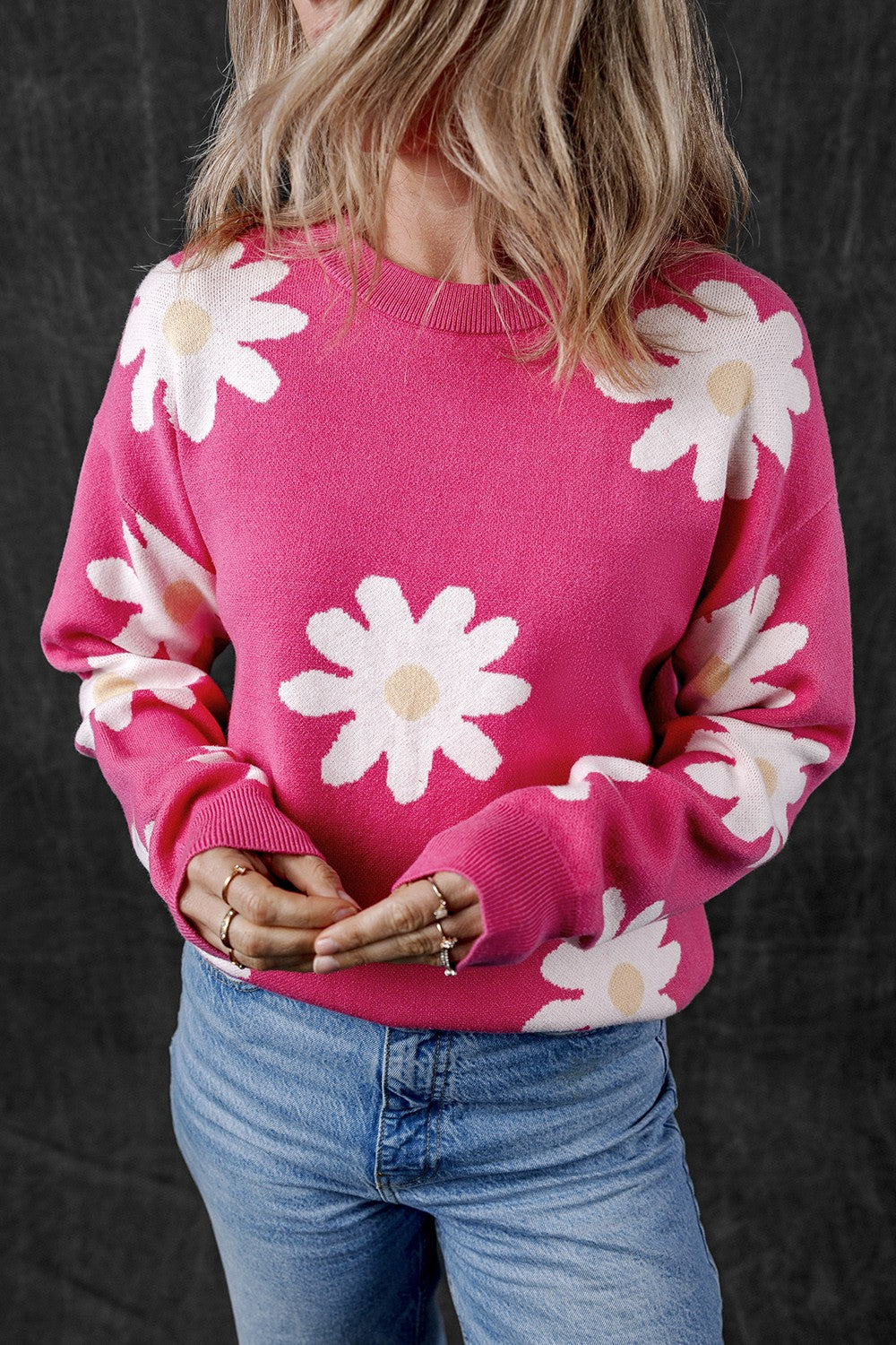 Daisy Round Neck Dropped Shoulder Sweater - Charming Charlie