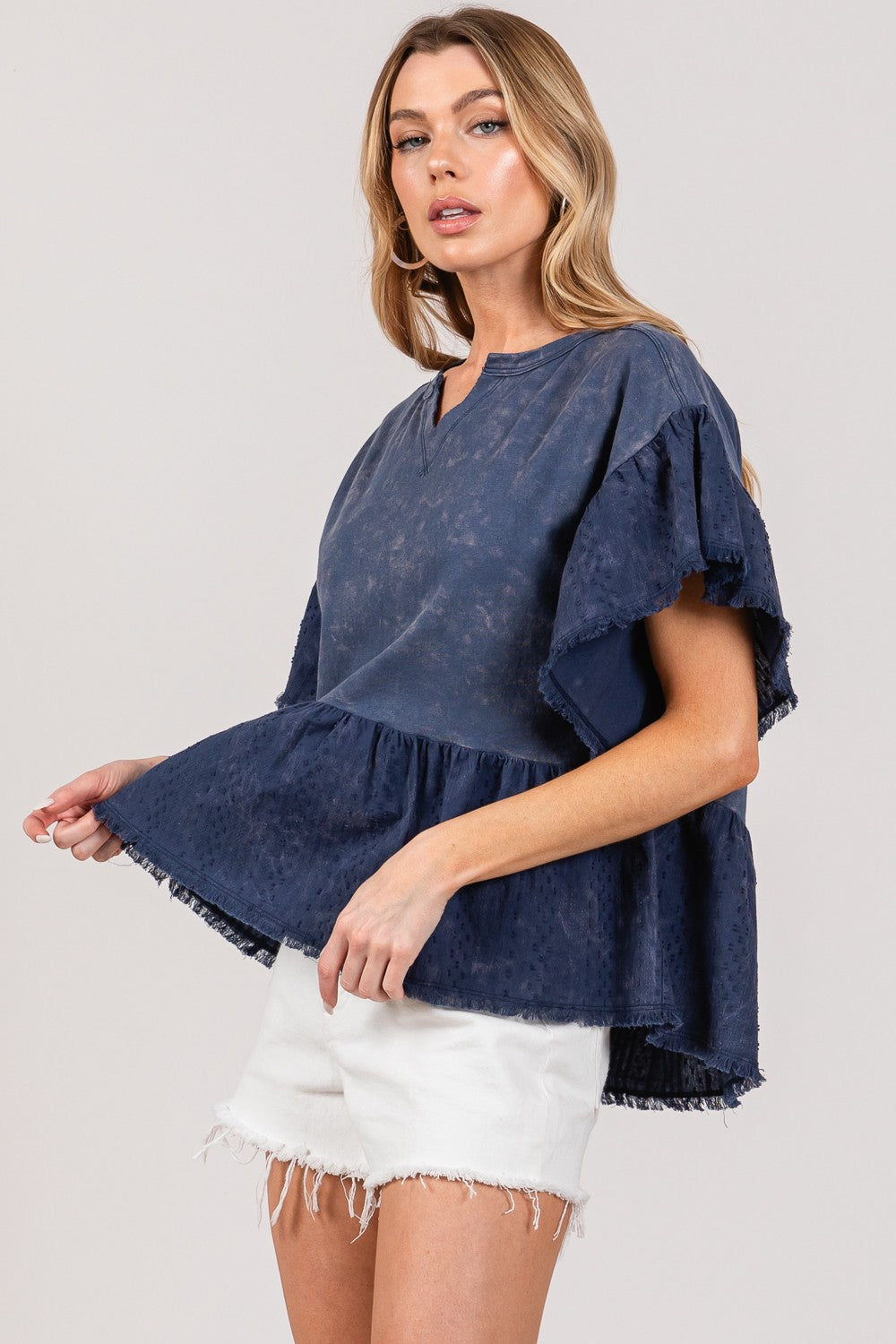 SAGE + FIG Ruffle Sleeve Washed Short Sleeve Blouse - Charming Charlie
