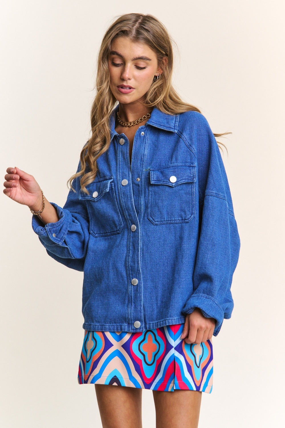 J.NNA Snap Down Long Sleeve Denim Shacket - Charming Charlie