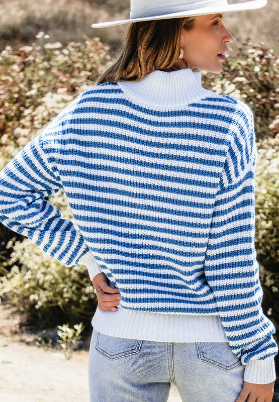 Striped Half Zip Mock Neck Long Sleeve Sweater - Charming Charlie