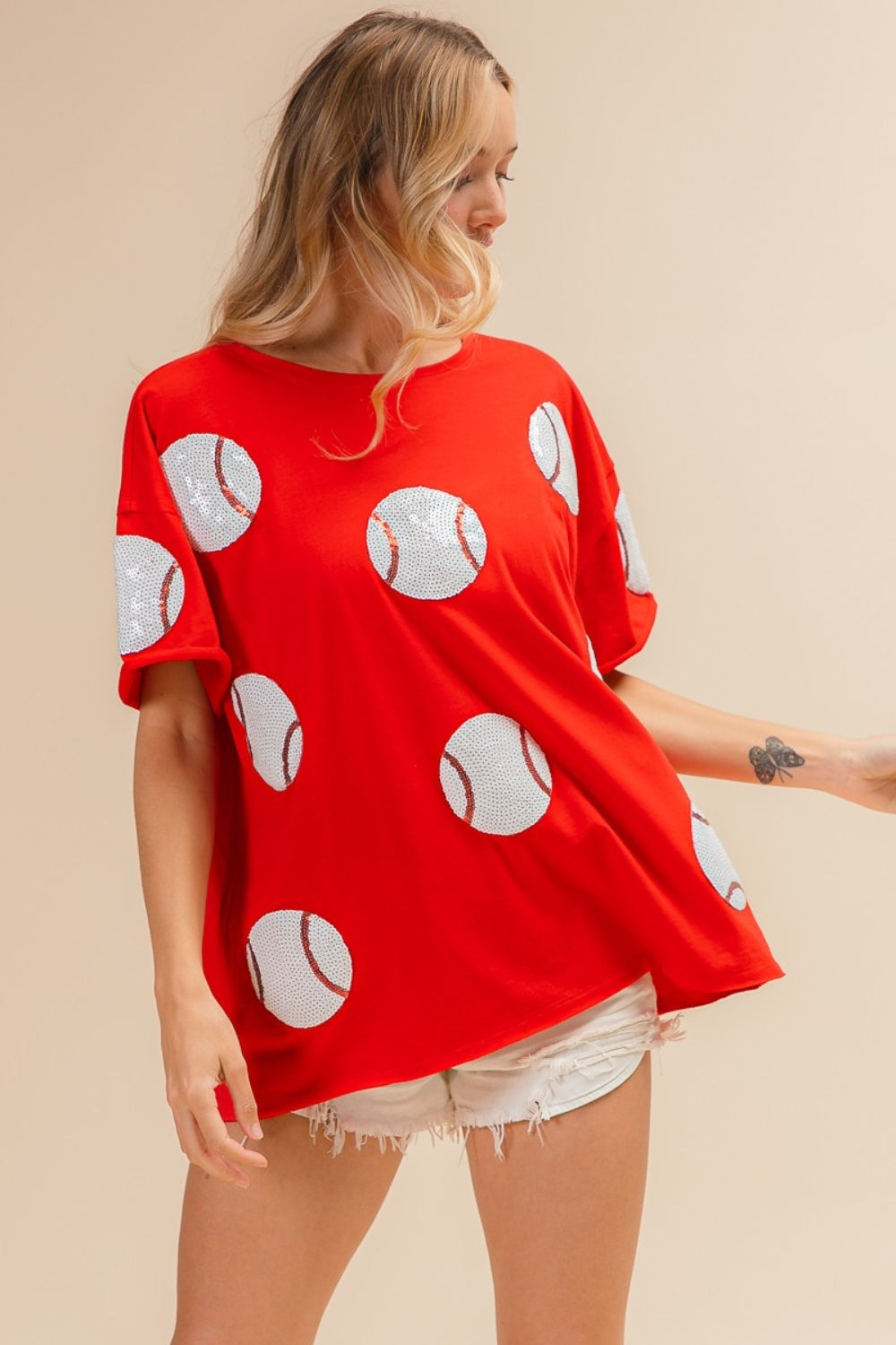 BiBi Sequin Baseball Drop Shoulder Short Sleeve T-Shirt - Charming Charlie