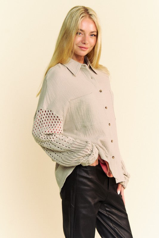 Davi & Dani Crochet Sleeve Crinkled Texture Shirt - Charming Charlie