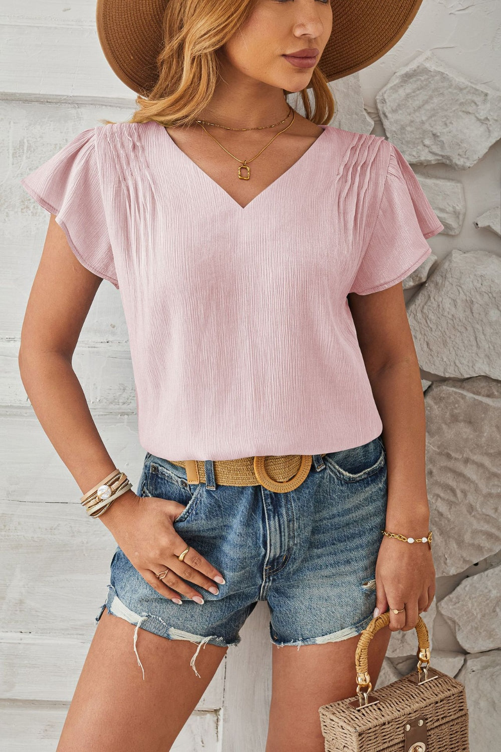 Ruched V-Neck Flounce Sleeve Blouse - Charming Charlie