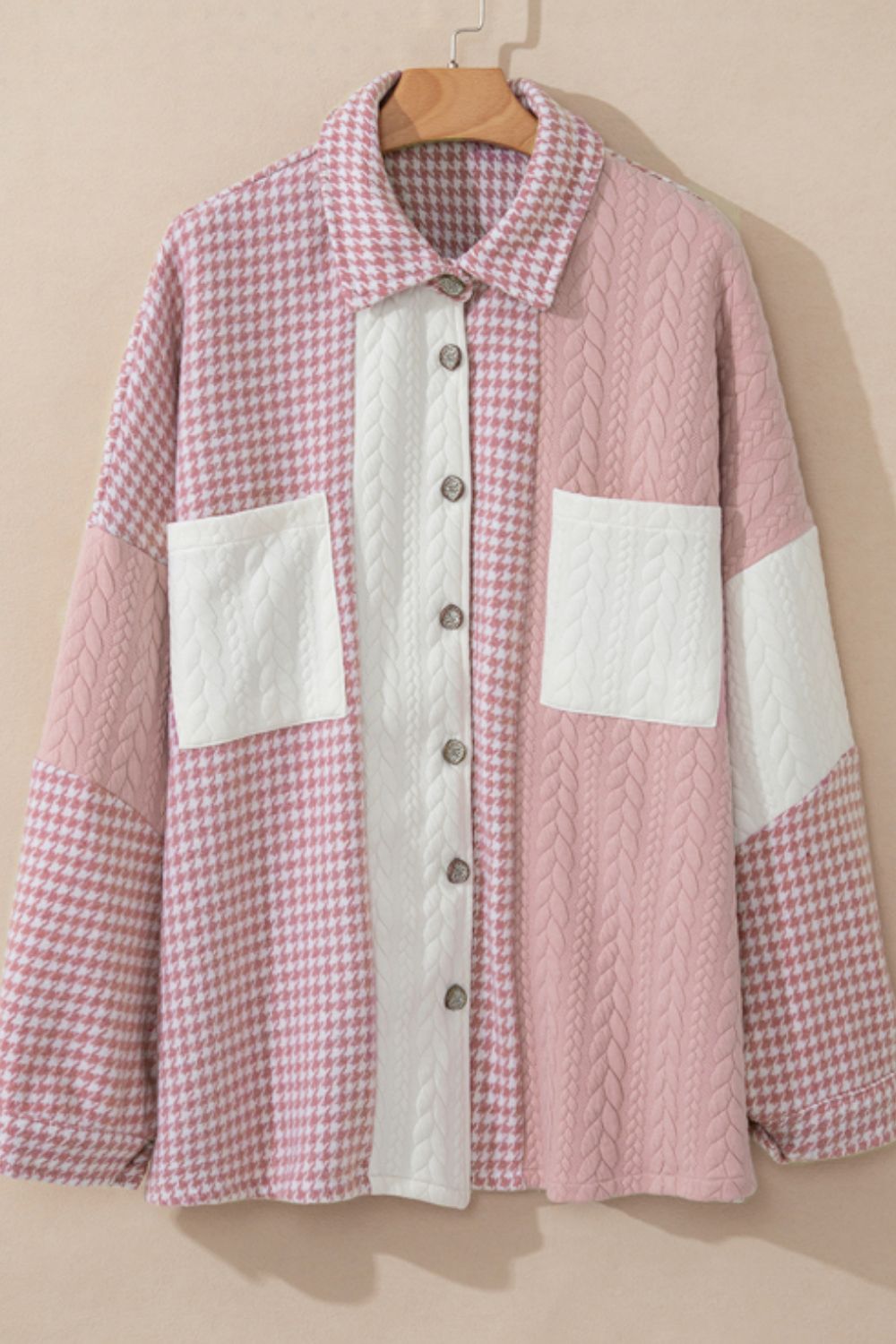 Color Block Houndstooth Collared Neck Shacket - Charming Charlie