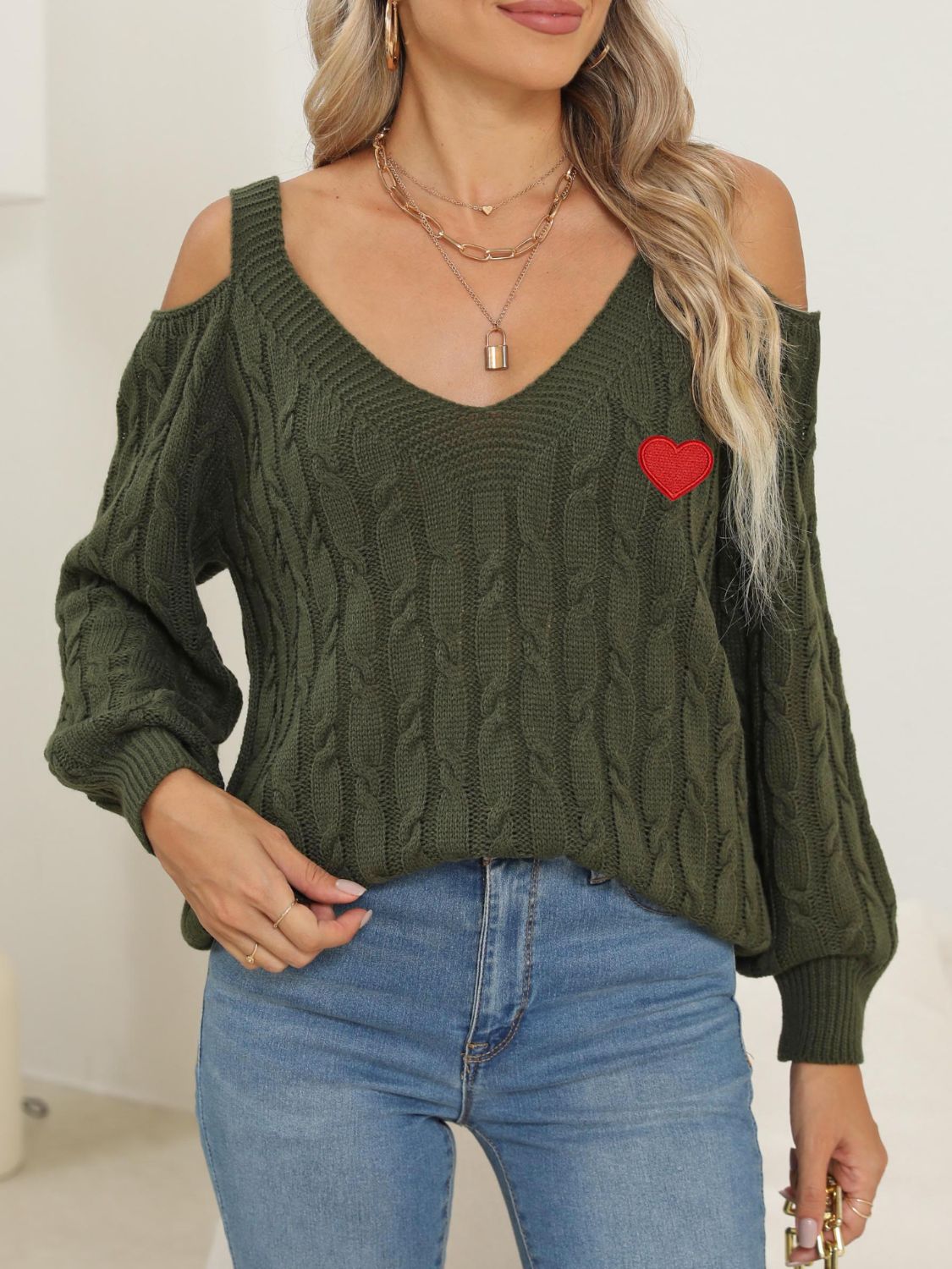 Cable-Knit Heart V-Neck Sweater - Charming Charlie