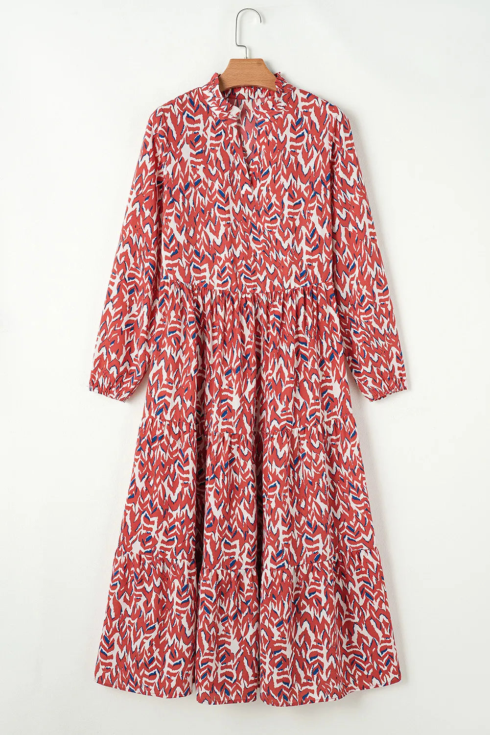 Printed Notched Long Sleeve Dress - Charming Charlie