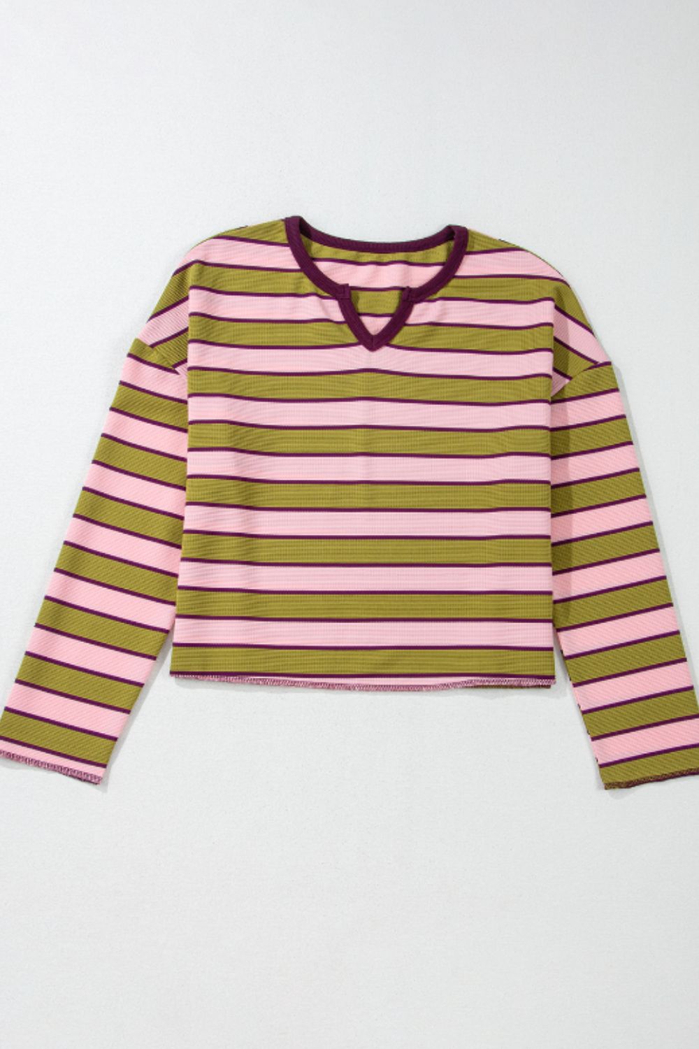 Striped Notched Long Sleeve T-Shirt - Charming Charlie