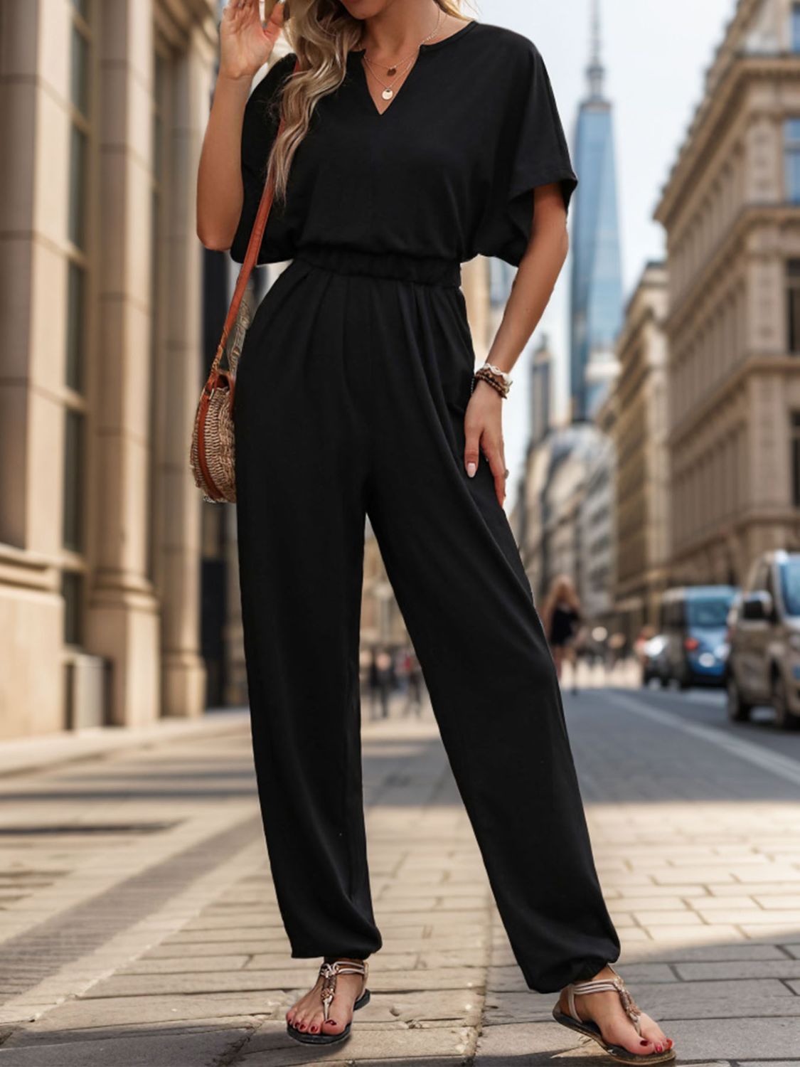 Notched Half Sleeve Straight Jumpsuit - Charming Charlie