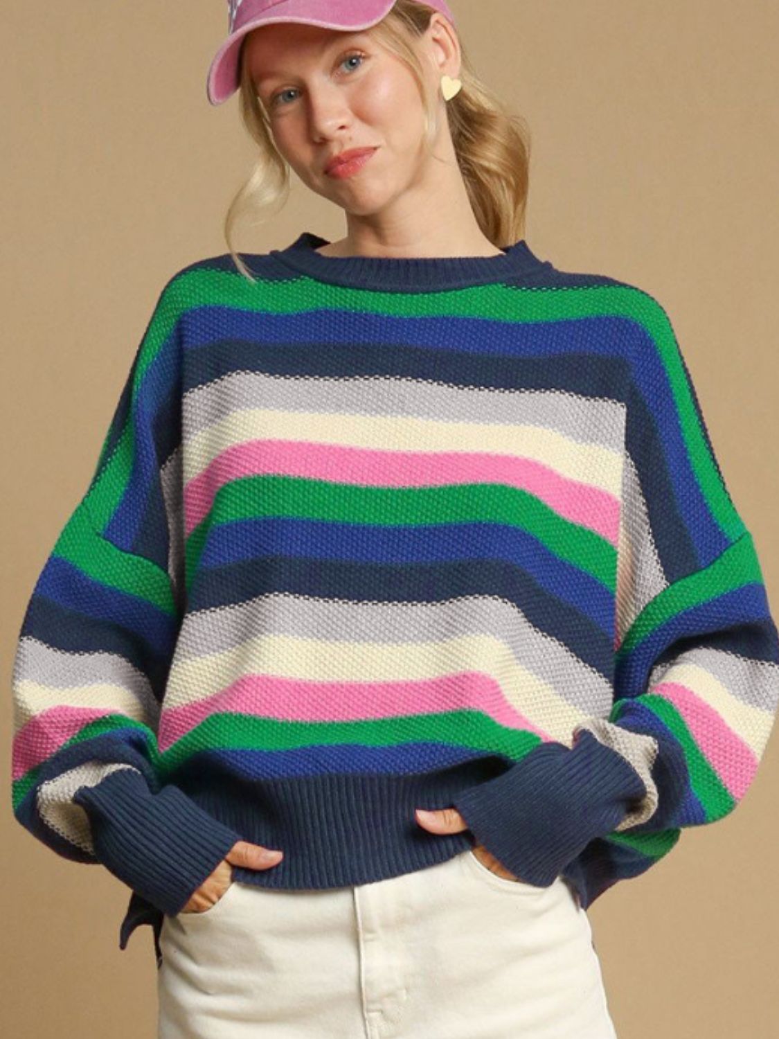 Contrast Striped Round Neck Long Sleeve Sweater - Charming Charlie