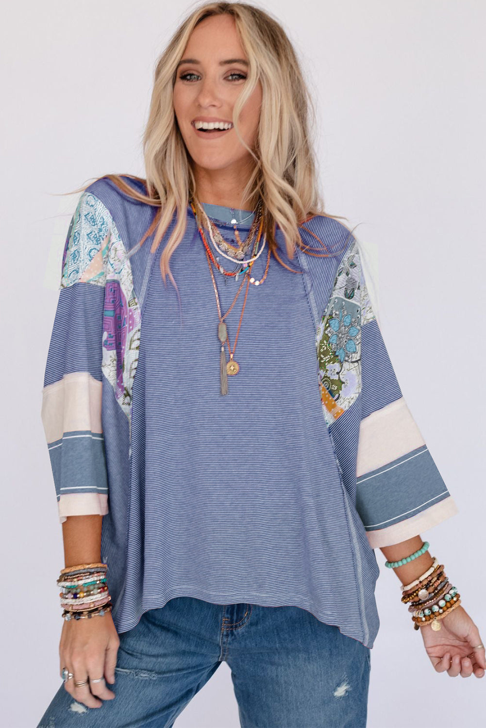 Striped Floral Patchwork Round Neck Top - Charming Charlie