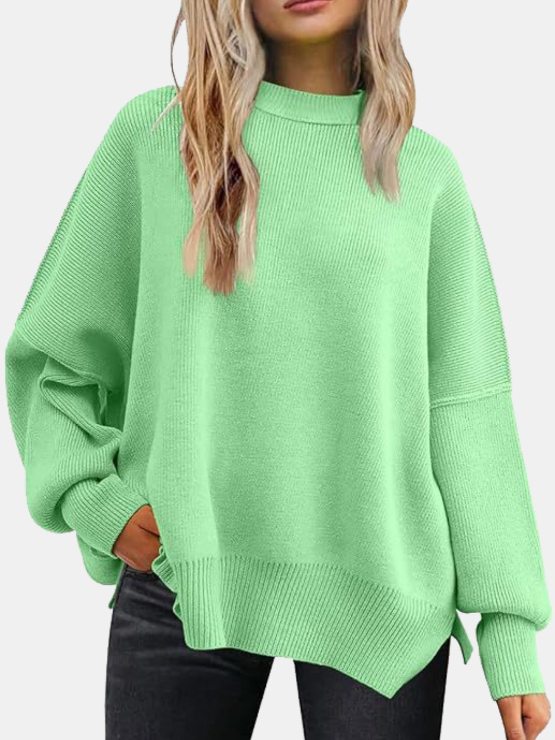 Round Neck Drop Shoulder Slit Sweater - Charming Charlie