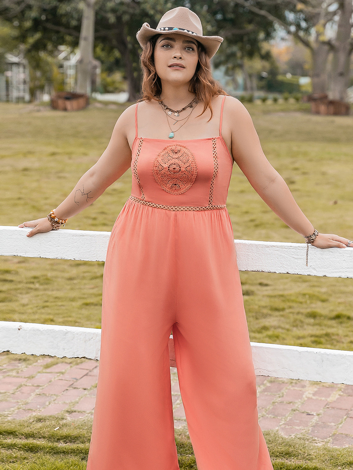 Plus Size Lace Detail Spaghetti Strap Wide Leg Jumpsuit - Charming Charlie