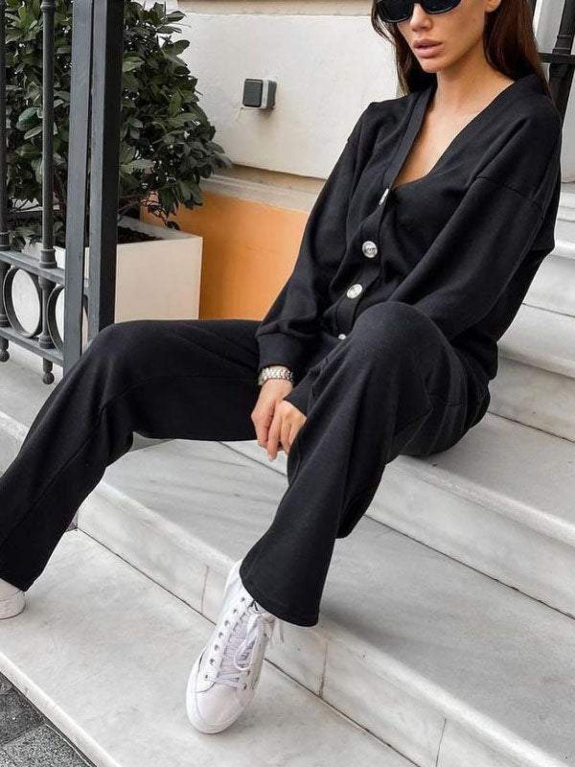Full Size Button Up Long Sleeve Top and Pants Set - Charming Charlie