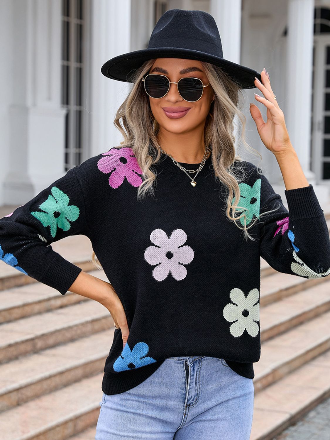 Flower Round Neck Long Sleeve Sweater - Charming Charlie