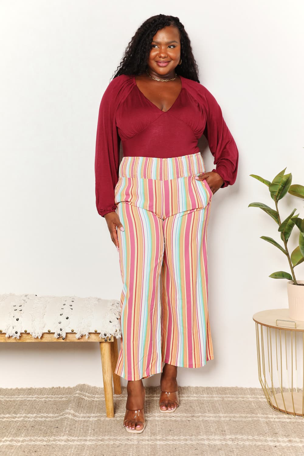 Double Take Striped Smocked Waist Pants with Pockets - Charming Charlie