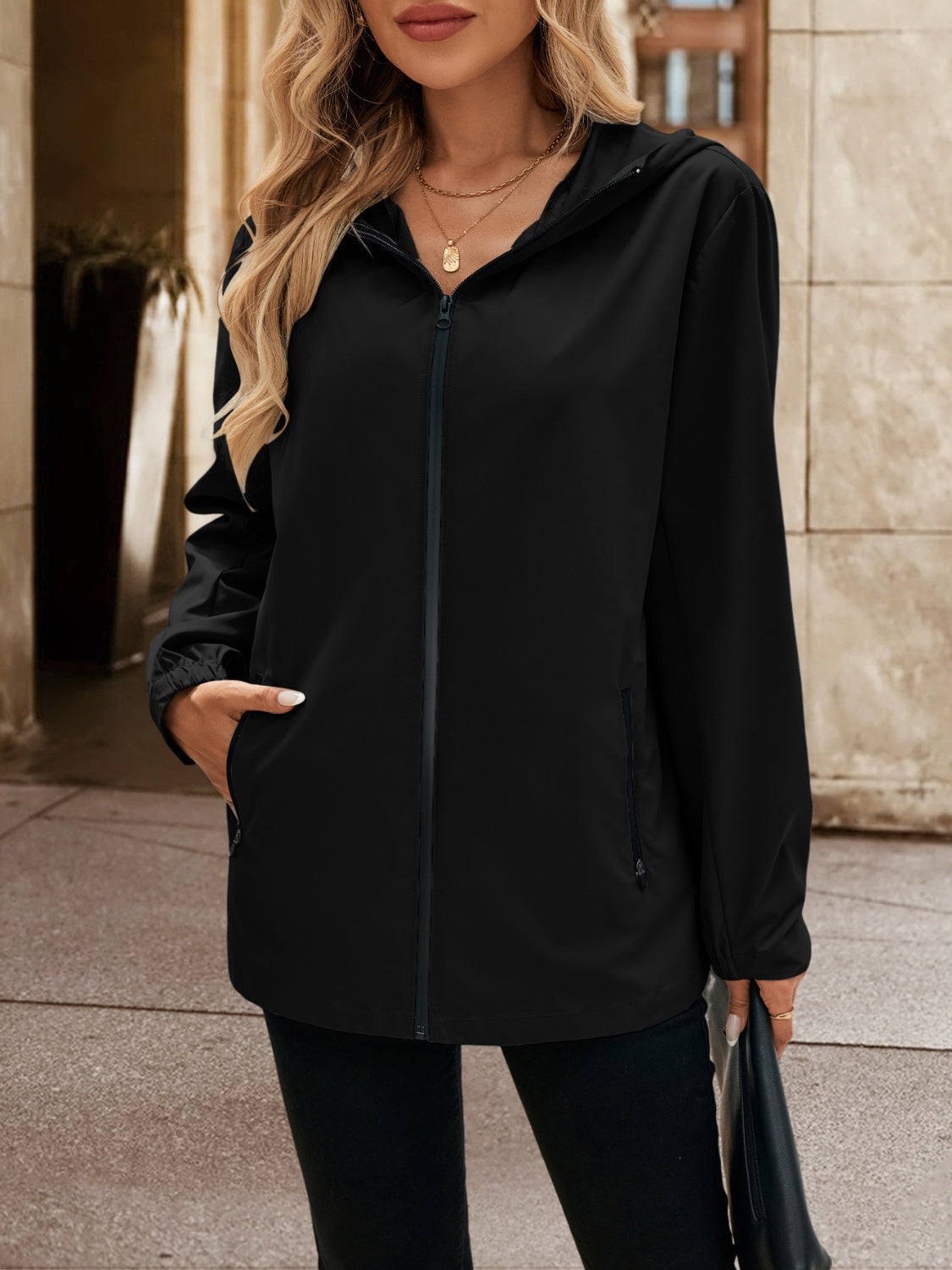 Pocketed Zip Up Hooded Jacket - Charming Charlie