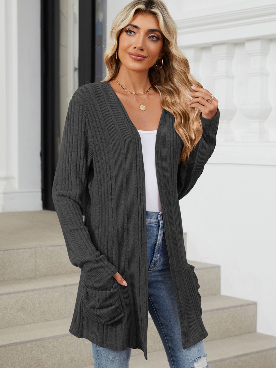 Pocketed Open Front Long Sleeve Cardigan - Charming Charlie