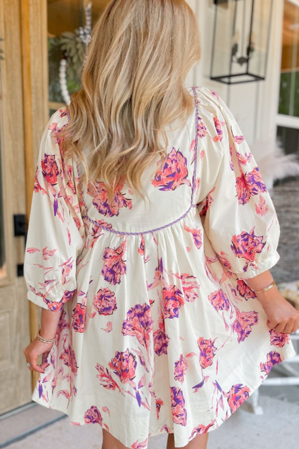 Tied Flower Printed Three-Quarter Sleeve Dress - Charming Charlie