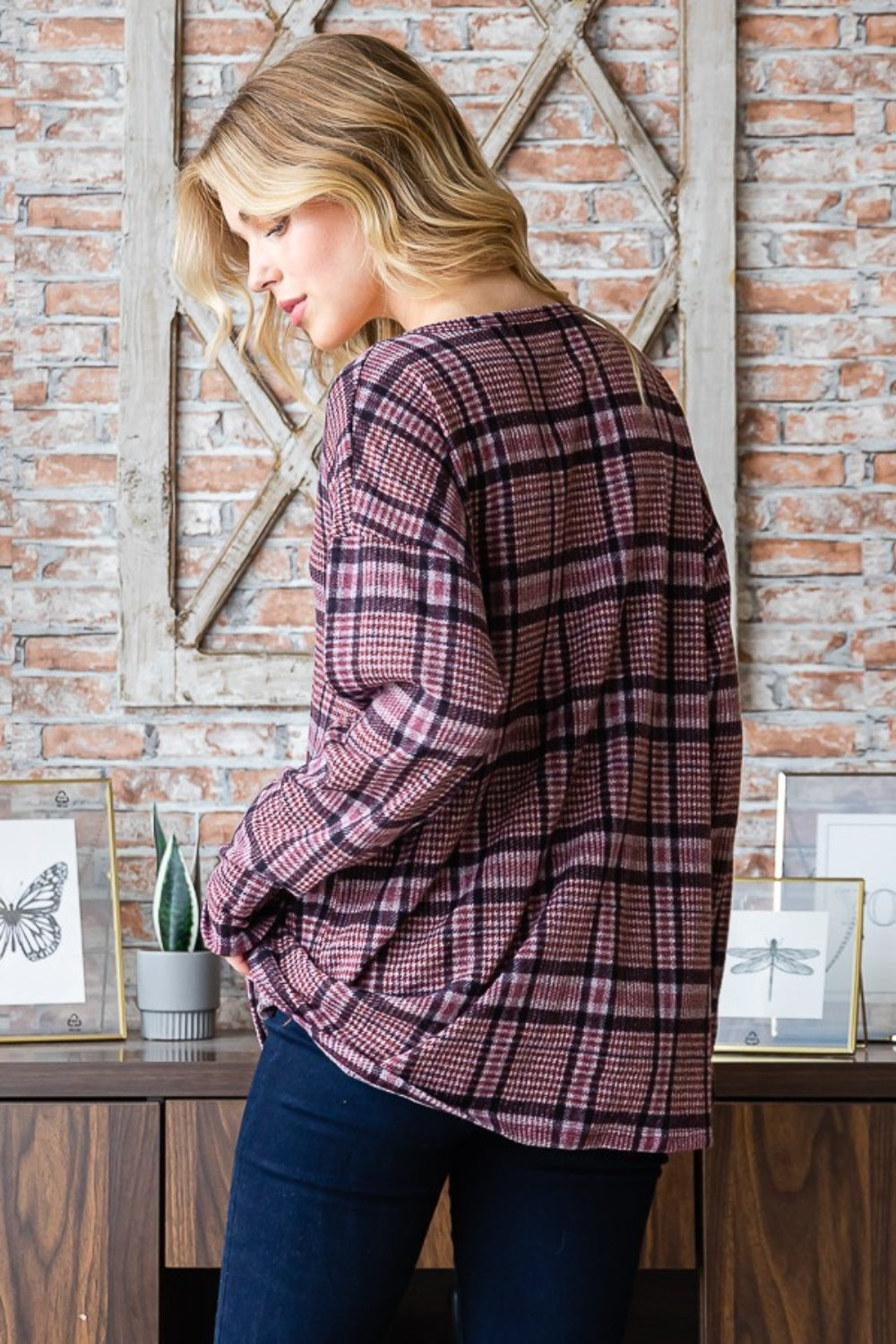 Heimish Full Size Plaid V-Neck Long Sleeve Top - Charming Charlie