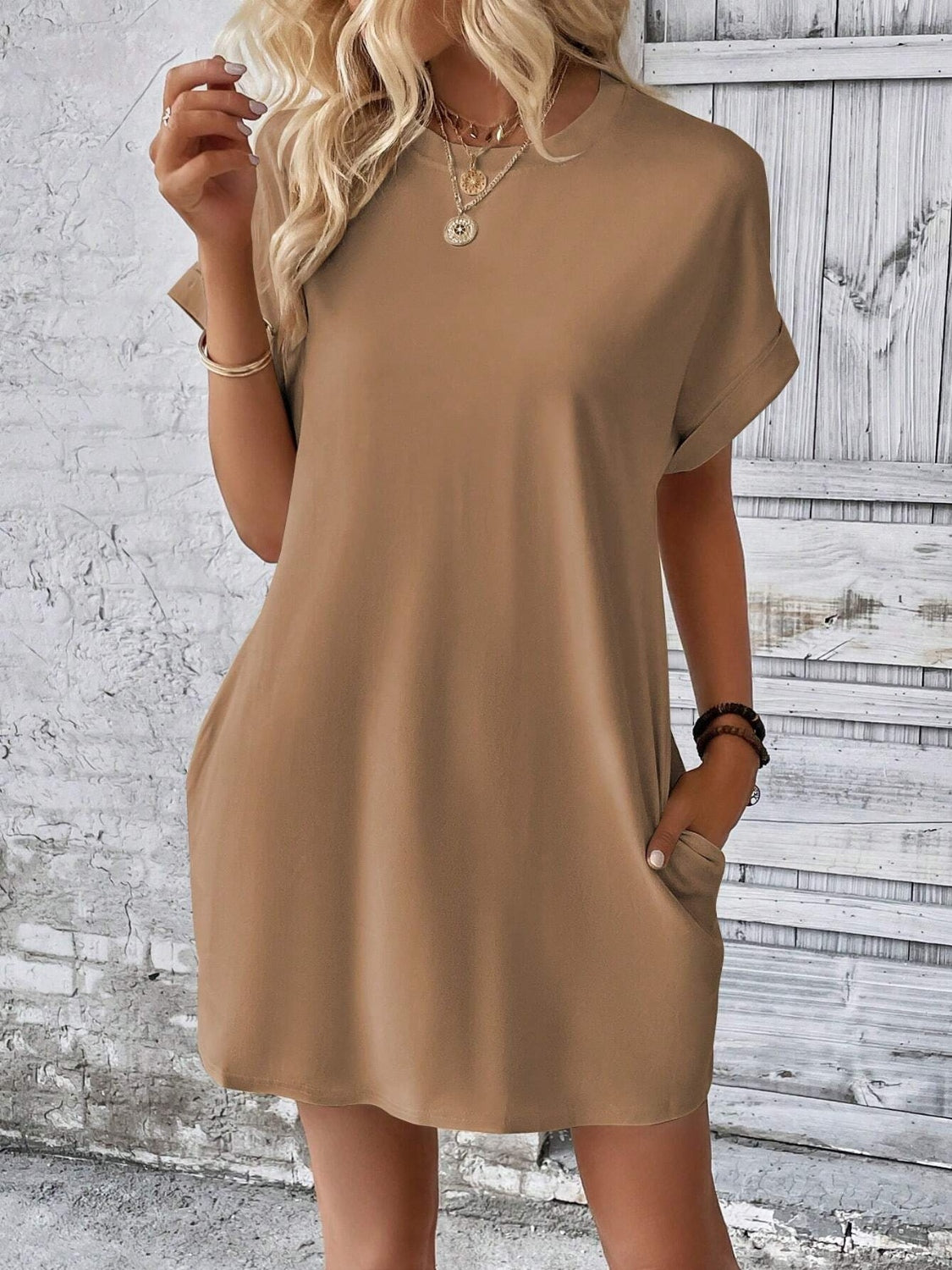 Round Neck Short Sleeve Mini Dress - Charming Charlie