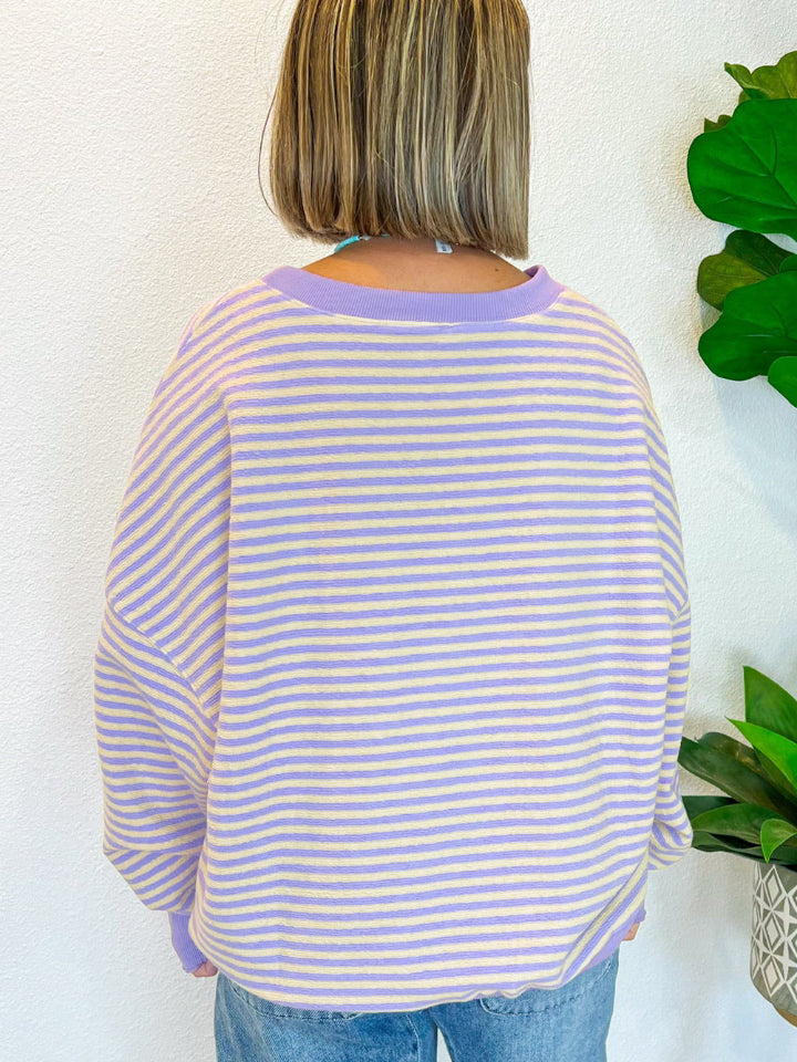 Striped Round Neck Long Sleeve Sweatshirt - Charming Charlie