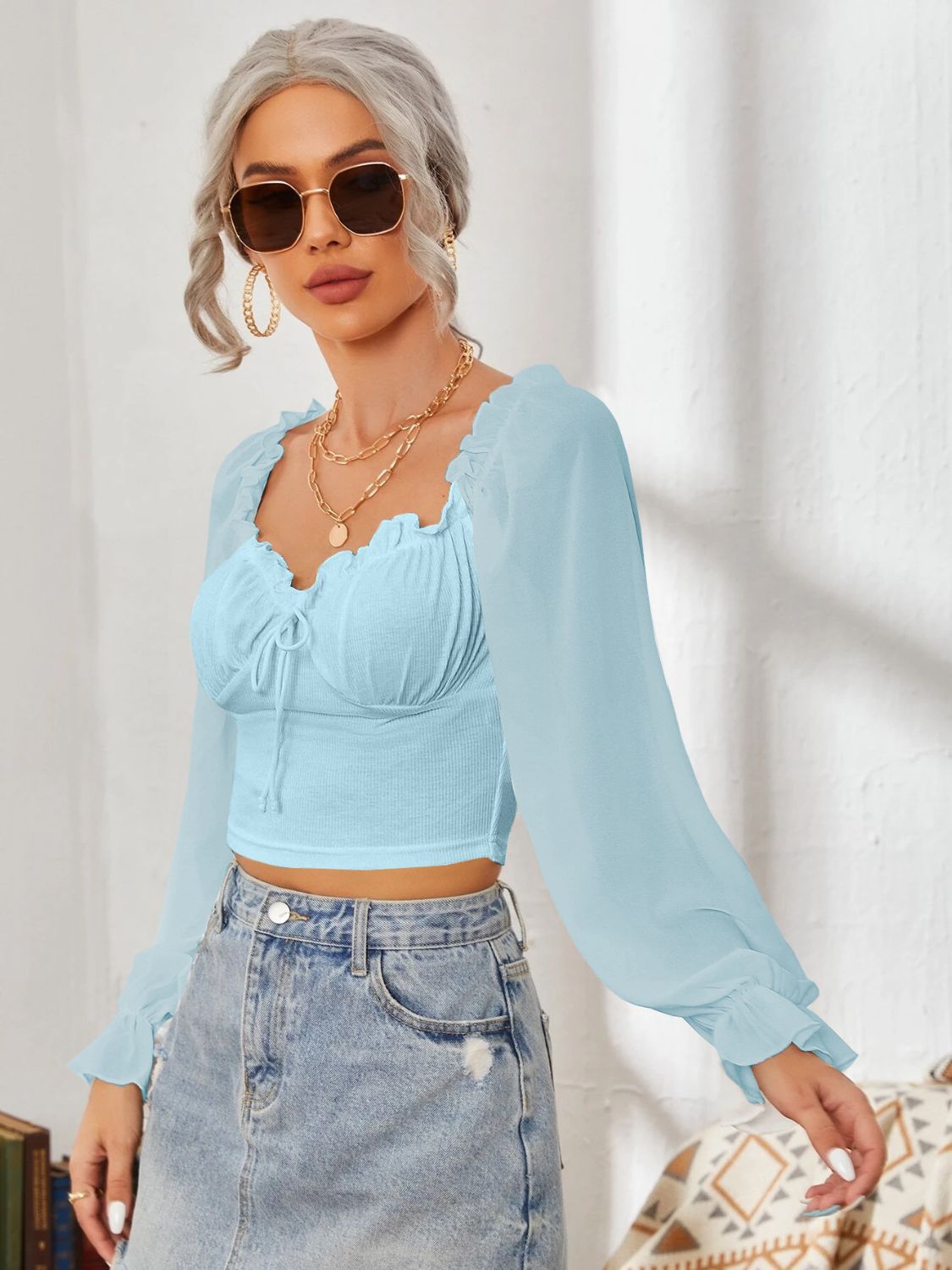 Mesh Sweetheart Neck Flounce Sleeve Top - Charming Charlie