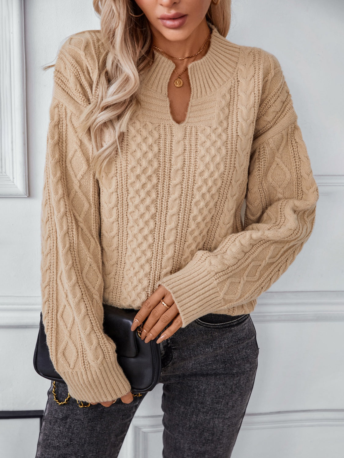 Cable-Knit Notched Long Sleeve Sweater - Charming Charlie