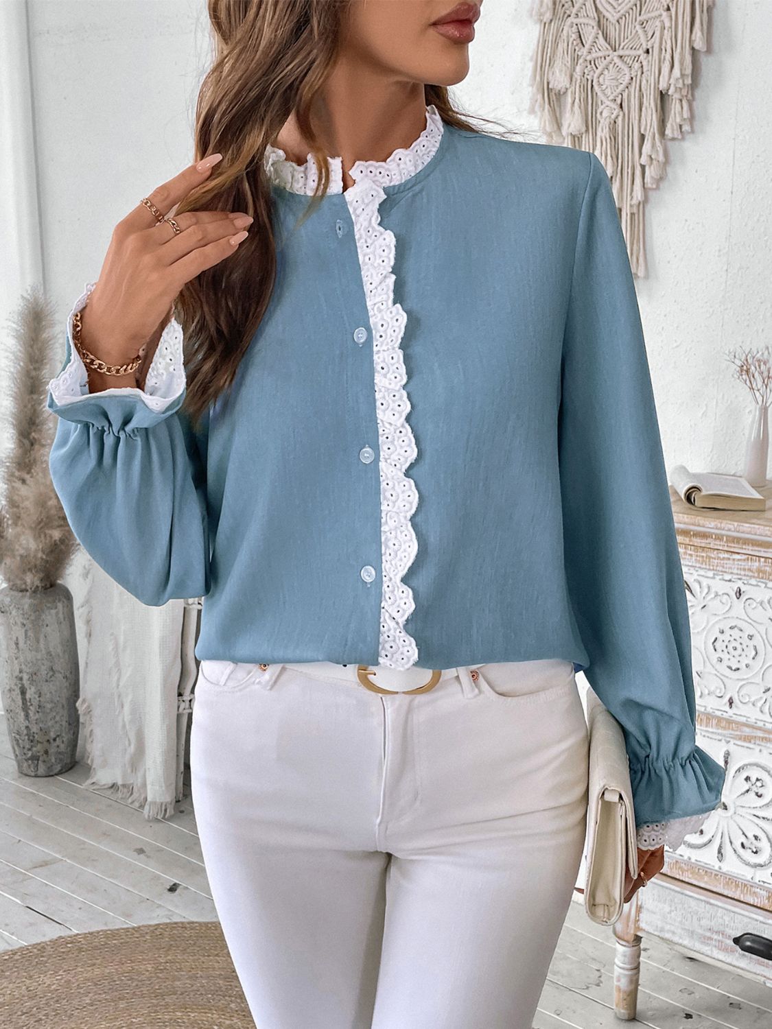 Perfee Lace Detail Button Down Long Sleeve Shirt - Charming Charlie