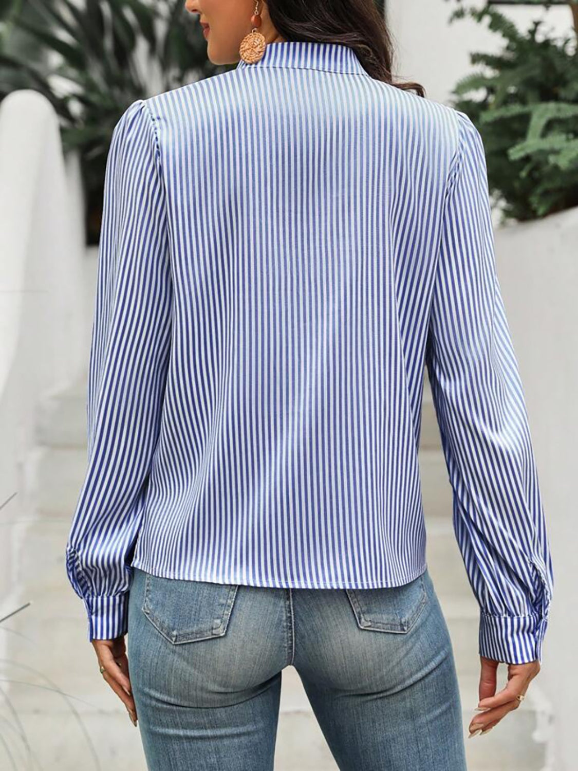 Striped Tie Neck Long Sleeve Blouse - Charming Charlie