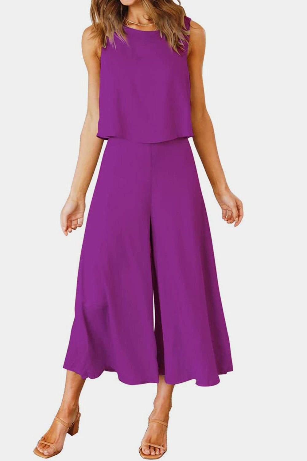 Round Neck Top and Wide Leg Pants Set - Charming Charlie