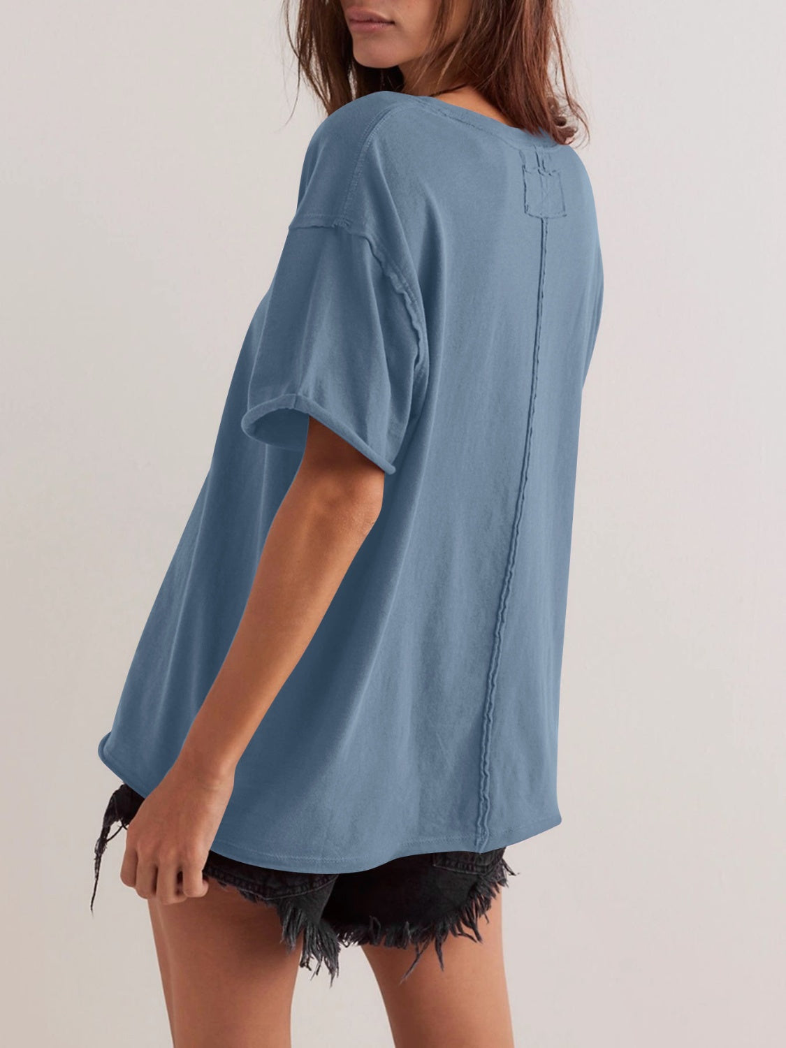 Lovelet Exposed Seam Round Neck Half Sleeve T-Shirt - Charming Charlie