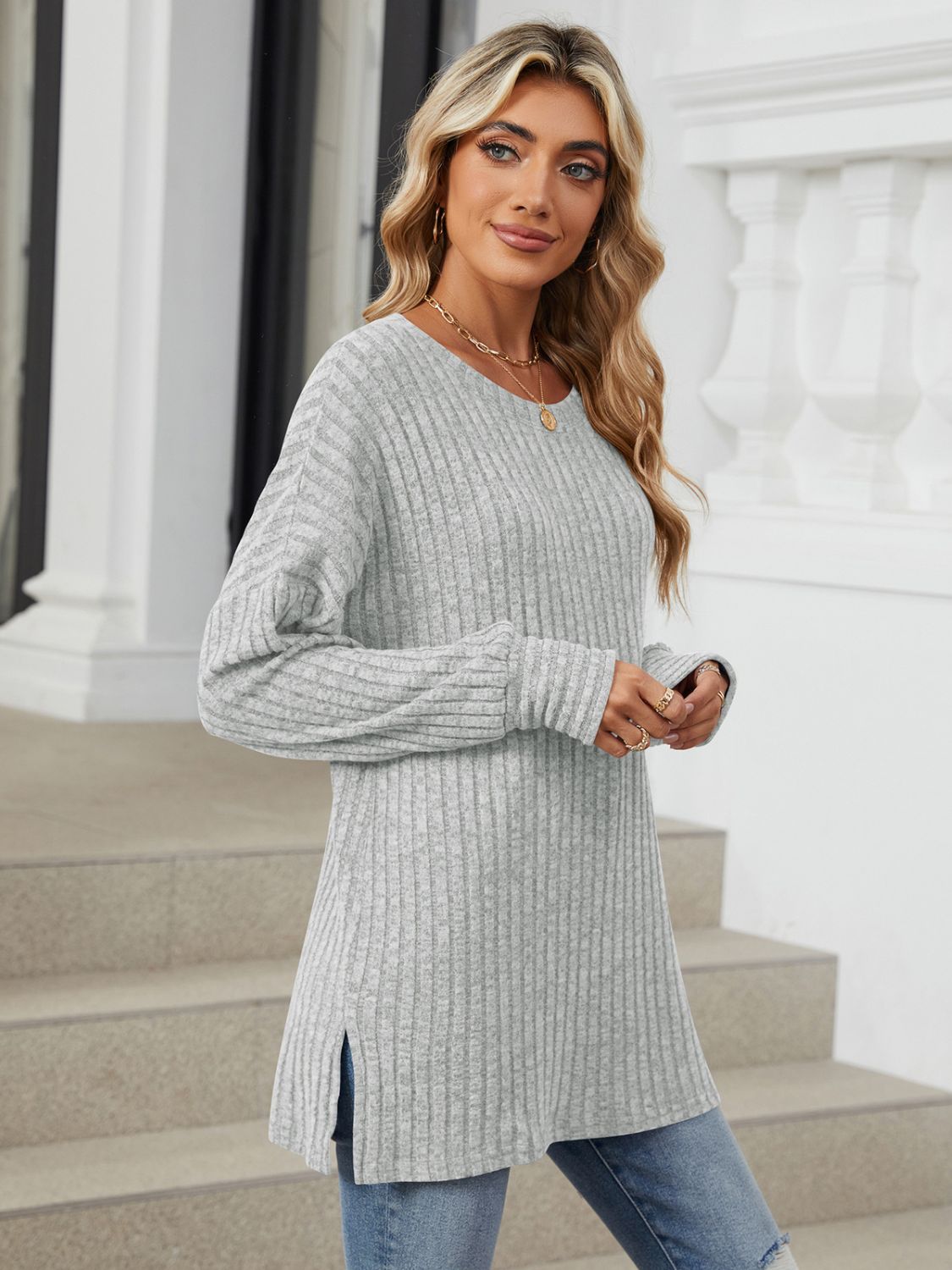 Ribbed Round Neck Long Sleeve T-Shirt - Charming Charlie