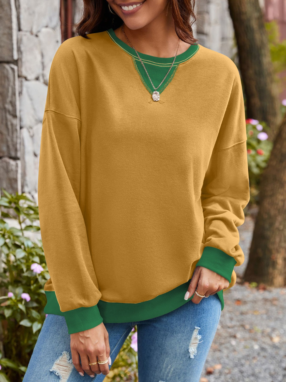 Contrast Round Neck Long Sleeve Sweatshirt - Charming Charlie