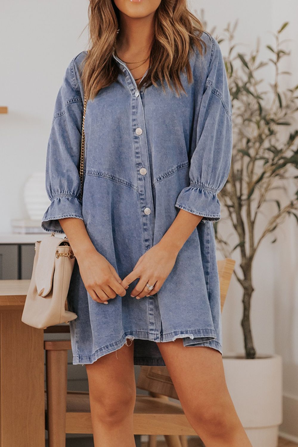 Distressed Collared Neck Flounce Sleeve Denim Dress - Charming Charlie