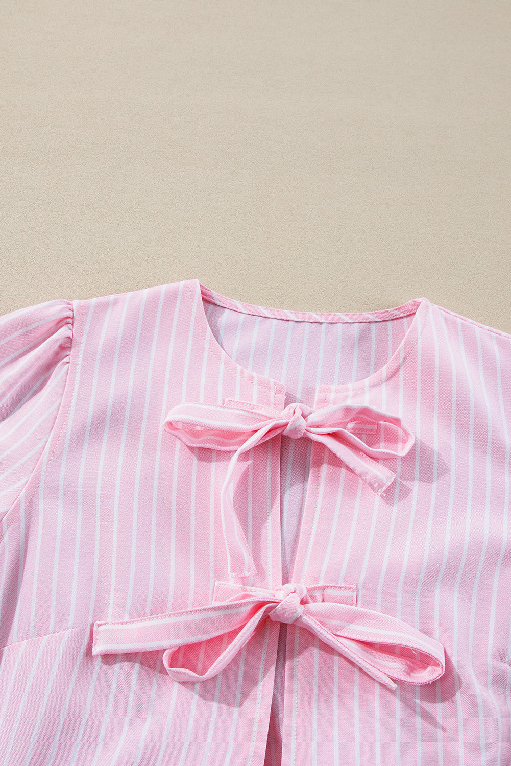 Tied Bow Striped Round Neck Blouse - Charming Charlie