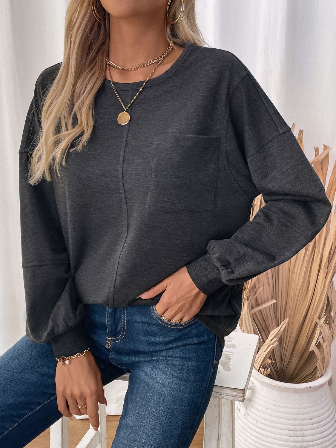 Perfee Pocketed Round Neck Long Sleeve Sweatshirt - Charming Charlie