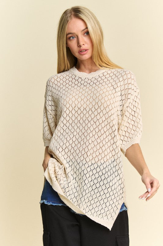 Davi & Dani Side Slit Openwork Round Neck Half Sleeve Knit Cover Up - Charming Charlie