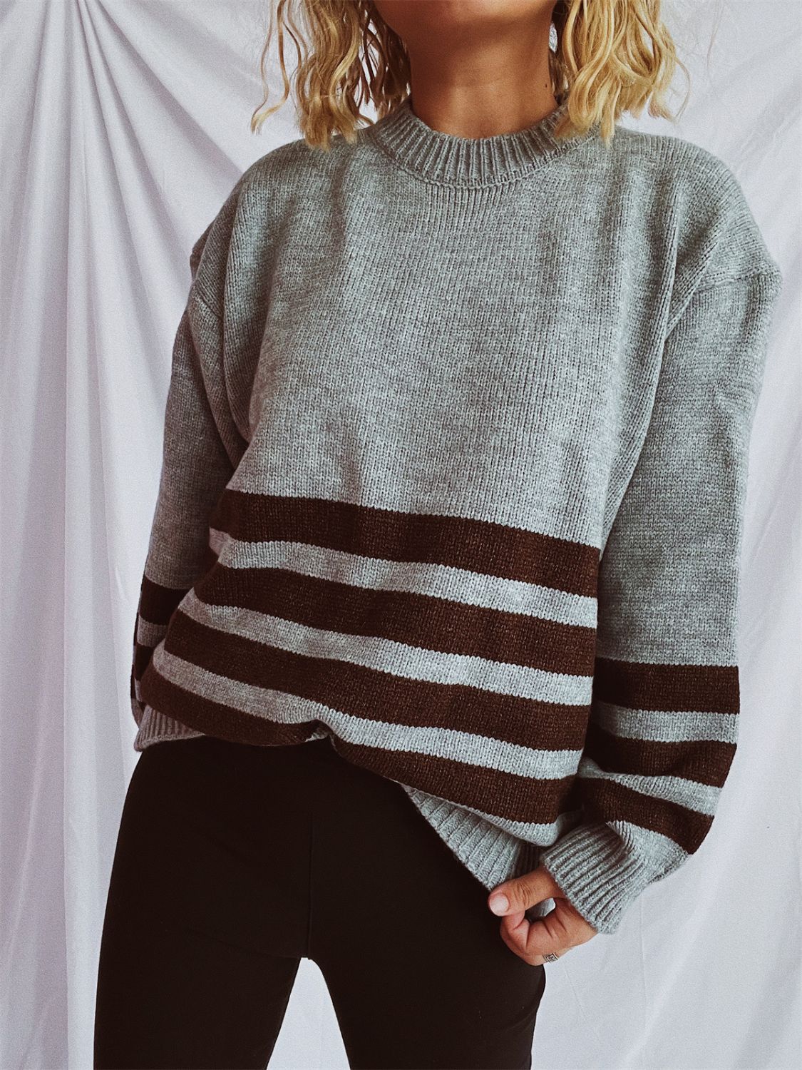 Striped Dropped Shoulder Long Sleeve Sweater - Charming Charlie