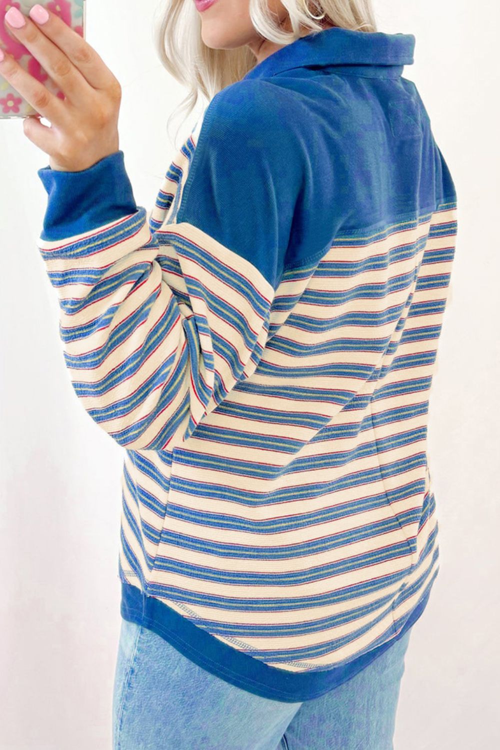 Striped Johnny Collar Long Sleeve Sweatshirt - Charming Charlie