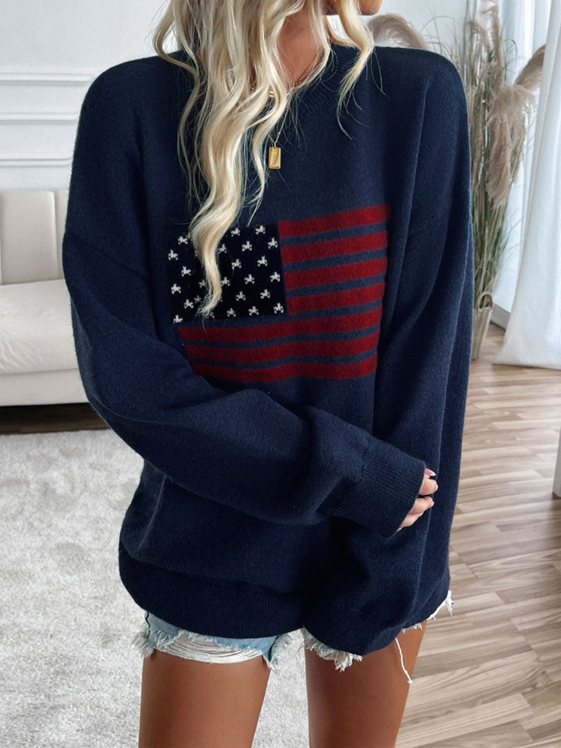 Devine US Flag Round Neck Long Sleeve Knit Top - Charming Charlie