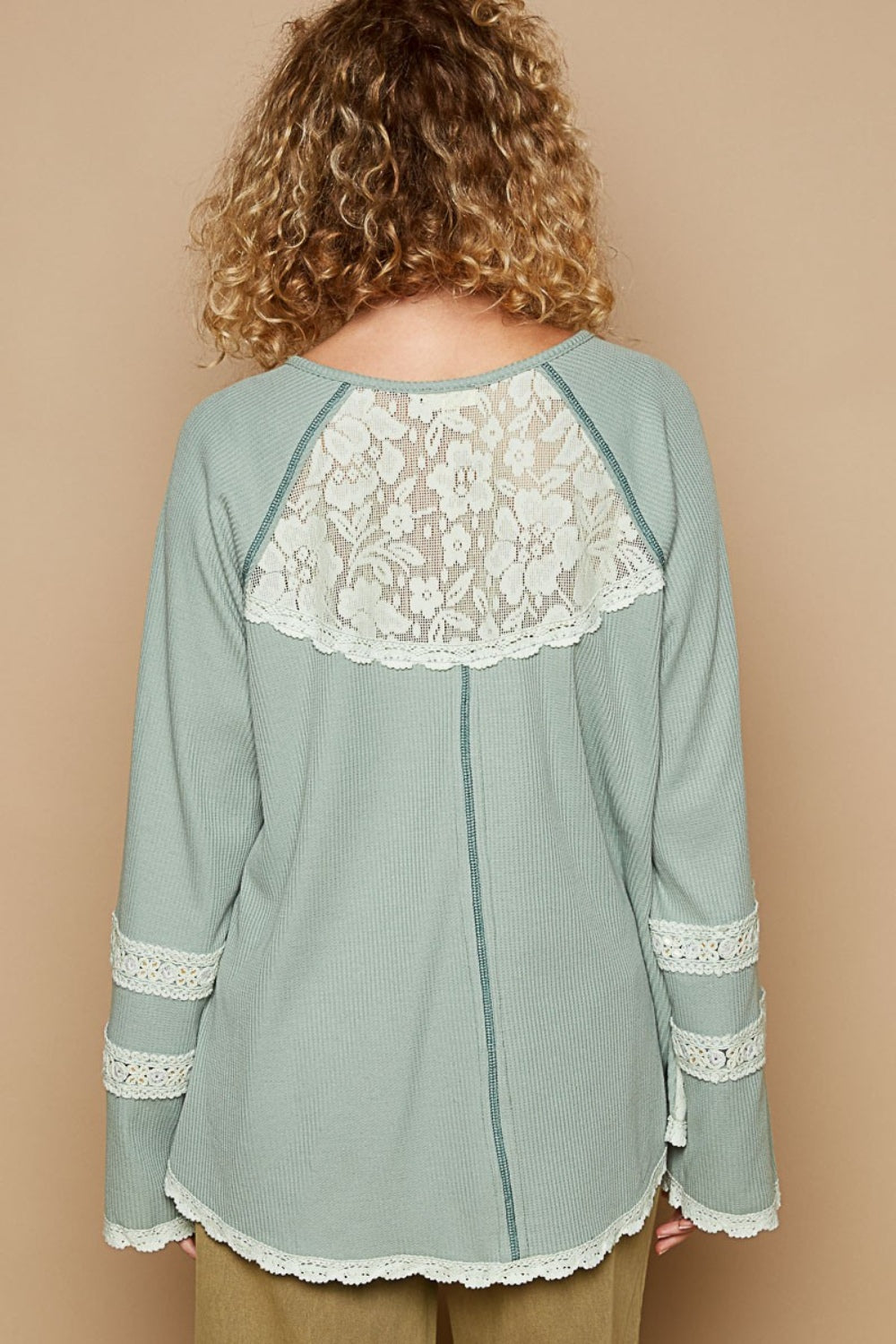 POL Round Neck Long Sleeve Lace Trim Thermal Top - Charming Charlie